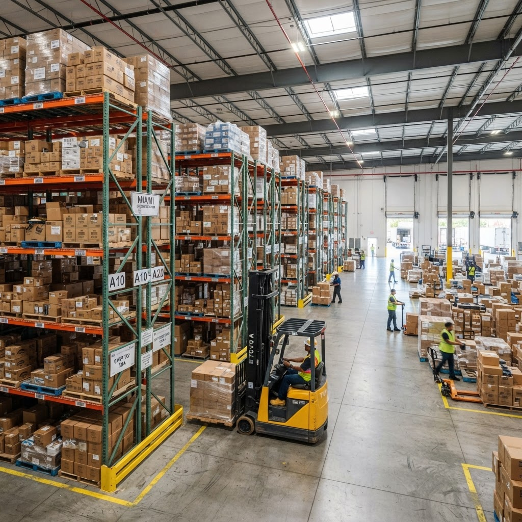 Interior del centro de distribución de CB Commerce LATAM en Miami